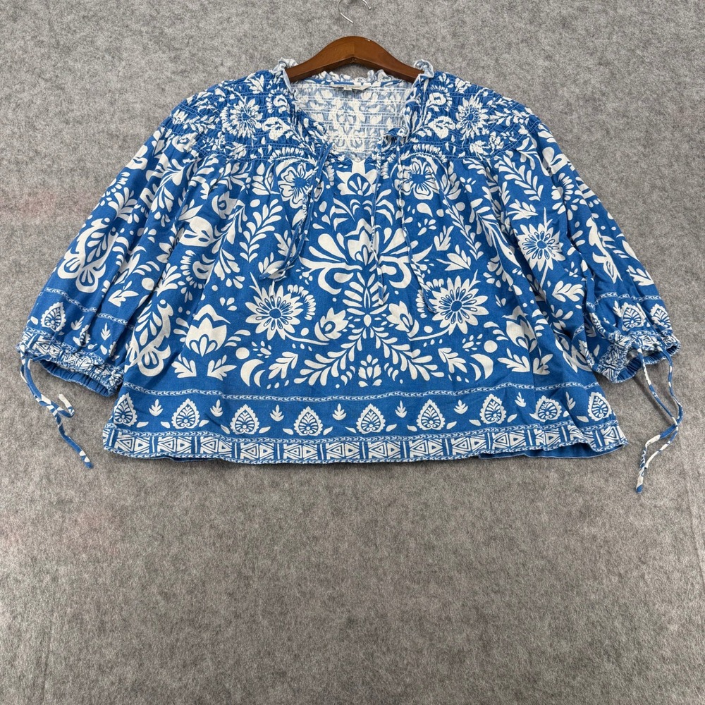 John Mark Blue White Floral Smocked Peasant Blouse Boho Tie Neck Top XL